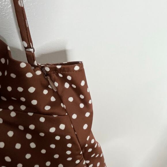 Urban Outfitters Womens Midi Slip Dress Large Brown Satin Polka Dot Front Slit - Picture 9 of 12